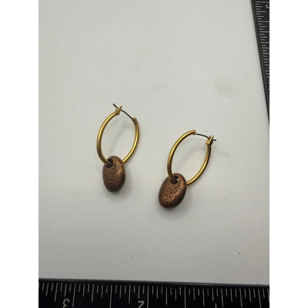 Mixed Metal Gold Tone Hoop Earrings with Textured Copper‎ Tone Pebble Charms